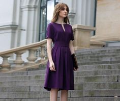 Cocktail Dress, Purple Dress, Women Dress Purple dress with circle skirts. Golden color detail in neckline. Dress with mid sleeves and zipper on the side, tying belt at the back. The material isvery comfortable for wearing them, slightly elastic and crease.When washing, the color remains the same brightness. ➤ Features > dress length: 105 cm / 41'' > mid sleeves > v neckline with detail > pleats at skirt part > tying waistband at the back ➤ Sizing My Size Guide in FAQ section belo Purple A-line Fit And Flare Dress, Purple Pleated A-line Dress, Purple A-line Dress For Workwear, Purple Knee-length Office Dress, Purple Knee-length Dress For Office, Elegant Purple Pleated Mini Dress, Office Purple Midi Length Dresses, Purple Midi Office Dresses, Purple Midi Length Office Dresses