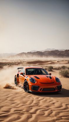 Photo of a Porsche GT3 RS in a desert landscape, with sand dunes in the background and a trail of dust following the car. Porsche Gt3rs Wallpaper, Porsche Gt3 Wallpaper, Car Background Hd, Porsche Background, Porsche Wallpaper Iphone 4k, Porches Car, Car In Desert