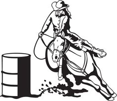 a black and white drawing of a cowboy riding a horse over a barrel with the letter e on it