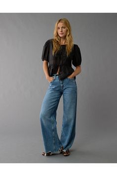 High neck/Ties can be worn in the front or back/Puff sleeves/Flyaway hem Neck Ties, Front Tie Top, Tie Top, Puff Sleeves, Neck Tie, Puff Sleeve, Women's Jeans, American Eagle Outfitters, American Eagle