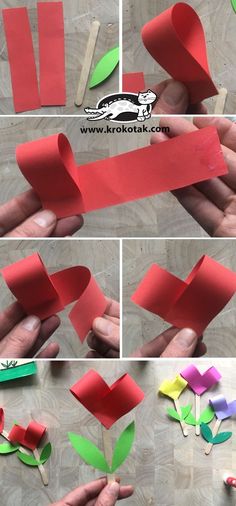 the steps to make an origami flower out of construction paper and cardboard sticks