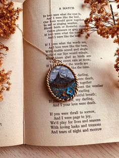 Gold Framed Mountain Landscape Pendant Necklace | Handmade Polymer Clay Floral Necklace | Gold Filled Necklace | 18in by GreenasBeans on Etsy Polymer Clay Landscape Earrings, Polymer Clay Landscape, Landscape Earrings, Fimo Ideas, Pottery Inspo, Closet Aesthetic, Sweet Rain, Bezel Necklace, Art Decor Diy