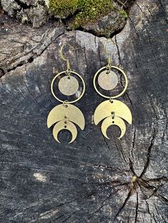 Classic geometric earrings made with solid brass. These are lightweight, and match with everything.  Made to last! Made in Maine with love FREE SHIPPING in the US! Geometric Brass Earrings For Gift, Gold Geometric Brass Jewelry, Bohemian Brass Earrings With Moon Phase Detail, Bohemian Brass Earrings With Moon Phase, Bohemian Brass Moon Phase Earrings, Bronze Crescent Brass Earrings, Modern Crescent Brass Earrings, Everyday Bronze Brass Earrings, Everyday Cadmium-free Brass Earrings