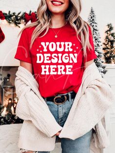 Prepare your holiday designs with the Christmas Red T-Shirt Mockup, which features the iconic Bella Canvas 3001 red shirt. This mockup is ideal for exhibiting joyful and vivid artwork, with your Christmas-themed designs standing out against a strong red background. Ideal for print-on-demand (POD) projects, this mockup displays your T-shirt designs in a professional and elegant manner, making them the center point for Christmas customers. The Bella Canvas 3001 Red Mockup Template for POD is a ric Customizable Red Crew Neck Shirt, Red Customizable Short Sleeve T-shirt, Customizable Red Short Sleeve T-shirt, Customizable Red Short Sleeve Tops, Vivid Artwork, Christmas Attire, Center Point, Professional Image, T Shirt Mockup