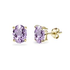 These solitaire stud earrings display a pair of oval-cut amethyst gemstones. They are crafted of yellow gold flashed sterling silver and secure with post and friction backs. The earring studs measure 7x5mm. Product Details Metal Type yellow-gold-flashed-silver Metal Stamp 925-sterling Weight 1.2GR Length 7MM Width 5MM Back Finding post-with-friction-back Stone Details Gem Type amethyst Number of Stones 2 Stone Shape oval-shape Total Weight 1.1 Setting Type prongs Stone Creation Method natural St Amethyst Earrings Studs, Earrings Display, February Birthstone Jewelry, Amethyst Studs, Womens Earrings Studs, Solitaire Earrings, Solitaire Studs, Purple Earrings, Square Earrings Studs