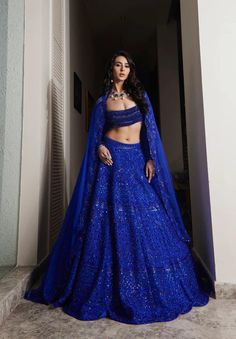 qivii Sangeet Outfit Bridal, Indian Reception Outfit, Royal Blue Lehenga, Bustier Blouse, Reception Outfits, Sangeet Outfit, Reception Outfit, Raw Silk Lehenga, Sequence Embroidery