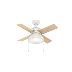 a white ceiling fan with two wooden blades and a light fixture on the top of it