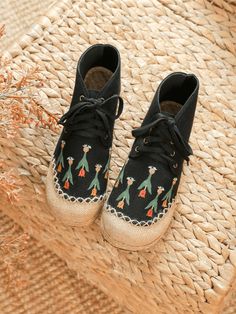 Black Vintage Black Sneakers For Spring, Black Vintage Sneakers For Spring, Casual Embroidered Sneakers, Floral Embroidered Sneakers With Round Toe For Summer, Floral Embroidered Summer Sneakers With Round Toe, Floral Embroidered Summer Sneakers, Floral Embroidery Summer Sneakers, Casual Black Sneakers With Woven Sole, Casual Sneakers With Floral Embroidery For Spring