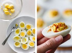 there are two pictures one shows eggs and the other shows deviled eggs with mustard