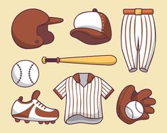 a set of baseball equipment including gloves, ball and mitt on a beige background