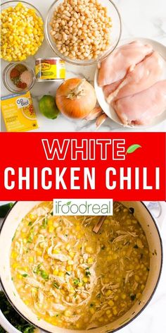 white chicken chili in a pot with ingredients around it