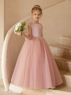 Crew Neck Tulle Flower Girl Dresses with Pearls & Satin Bowknot Dresses With Pearls, Skirt Satin, Pink Flower Girl Dresses, Infant Flower Girl Dress, Tulle Flower Girl, First Communion Dresses, Party Dresses Online, Tulle Flowers, Flower Girl Dresses Tulle