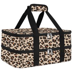 a leopard print cooler bag with black straps