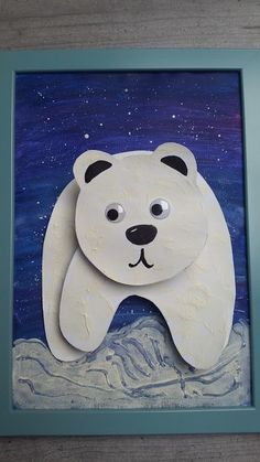 a painting of a polar bear with stars in the night sky behind it on a blue frame