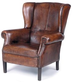 a brown leather chair with nailing on the armrests and foot rests against a white background