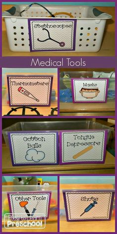 several images of medical tools in bins with the words medical tools written on them