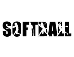 the word softball is written in black and white with an image of a baseball player