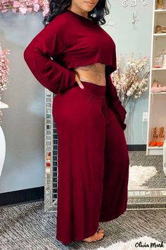 Olivia Mark - Professional Womens Burgundy Patchwork Long Sleeve Two-Piece Casual Set with O-Neck Design Cropped Wide Leg Pants, Two Piece Pants Set, Matching Leggings, Crop Top And Shorts, Tie Dye Shorts, Casual Sets, Womens Casual Outfits, One Piece Swimwear, Olivia Mark