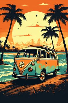 an orange and blue vw bus parked on the beach with palm trees in the background