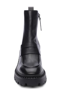 Faceted hardware on the back shaft adds an edgy blast of contemporary style to a sleek leather Chelsea boot with a rounded toe and chunky lug sole. 2 1/2" heel; 1" platform (size 39) 6" shaft Leather and textile upper/leather lining/rubber sole Imported Chunky Leather Moto Boots With Round Toe, Chunky Leather Platform Boots For Fall, Chunky Leather Moto Boots For Fall, Leather Moto Boots With Chunky Platform For Fall, Trendy Leather Boots With Chunky Platform, Trendy Chunky Leather Platform Boots, Trendy Chunky Leather Boots, Modern Moto Boots With Lug Sole, Chunky Leather Ankle Boots