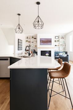 a kitchen with an island and bar stools