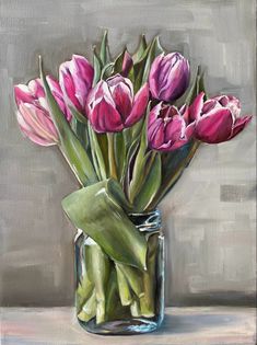 a painting of pink tulips in a mason jar