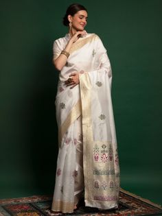 <ul>
<li>Refresh your elegant senses by wearing this fascinating white-colored banarasi silk saree achieved with attractive zari weaving all over it.</li>
<li>This saree reaches with a lovely white colored blouse made with zari weaving.</li>
<li>This exquisite silk banarasi saree is 5.50 meters long and comes with unstitched blouse material.</li>
<li style="text-align: justify;">This attractive white-colored banarasi silk saree is extremely stunnin Thread Work Saree, Lehenga Crop Top, Silk Banarasi Saree, Lehenga Choli Wedding, Bollywood Lehenga, Silk Weaving, Modern Saree, White Saree, Banarasi Silk Saree