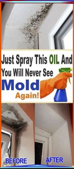 the before and after pictures of mold in a window sill, with text that reads just spray this oil and you will never see ages again