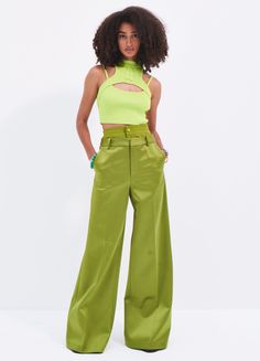 A breezy wide-leg silhouette lends runway-worthy movement to these Satin Double Waistband Wide Leg Trousers, crafted from rich satin. Make this a set with our Satin Raw Edge Boxy Blazer. Boxy Blazer, Satin Mini Dress, Satin Blouse, Knit Crop Top, Knit Crop, Winter Sale, Raw Edge, Wide Leg Trousers, Casual Pants