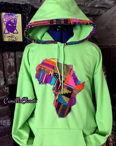 Africa Patched Hoodie w/Trimming around the hood   Africa patch Cut and Sewn on For quality. (Not ironed on)  Available in the following Solid Colors;  Gray and Orange (pictured), Black, White, Pink, Purple, Red, Teal, Royal Blue, Navy Blue, Burgundy, Forest Green and Lime Green.  (Fabric Prints vary to match each Solid Color) Available in Adult Sizes Small - Large, Message me to order the Larger and Kid's Sizes;    XL-2XL $8 more $10 less for Kids Ages 5-12/ $12 less for Babies - 4T Green Hooded Sweatshirt With Embroidered Logo, Green Long Sleeve Hoodie With Embroidered Graphics, Green Embroidered Long Sleeve Hoodie, Green Cotton Hoodie With Embroidered Graphics, Green Embroidered Fall Hoodie, Green Embroidered Hooded Sweatshirt, Green Cotton Hooded Jacket With Adjustable Hood, Cotton Patchwork Hoodie, Embroidered Cotton Hoodie