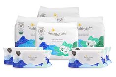 four packs of healthybaby diapers are shown in front of each other on a white background