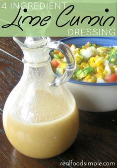 a glass pitcher filled with dressing next to a bowl of salad and the words, 4 ingredient