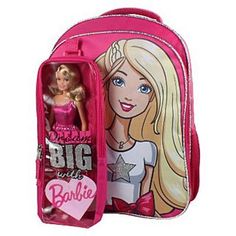 a barbie doll in a pink backpack with its back open and the bag is empty