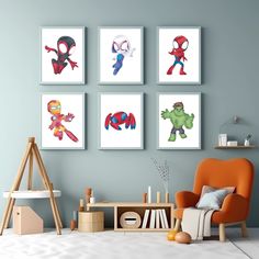 the children's room is decorated with superheros and spider - man art prints