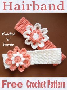 two crocheted hairbands with flowers on the top and bottom are shown