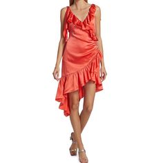 Nwt Manufacture Color Is Neon Coral (Like Orange Pink) This Glamorous Silk Dress Trimmed With Ruffles Gathers At The Hip Creating An Asymmetric Hem. V-Neck Sleeveless Pullover Style Asymmetric Hem 100% Silk Lining: 100% Polyester Dry Clean Imported Size & Fit About 32" From Shoulder To Hem Model Measurements: 5'10" Tall, 32" Bust, 24" Waist, 35" Hips Model Is Wearing A Us Size 4 Y2k, Barbiecore, Pink, Barbie Core Victorian Lace, Summer, Spring, Striped, Retro, 60s, 70s, Boho,Bohemian, Lightweigh Asymmetrical Satin Midi Summer Dress, Spring Asymmetrical Satin Midi Dress, Spring Midi-length Asymmetrical Satin Dress, Flirty Silk Dress For Spring, Asymmetrical Hem Satin Dresses With Ruched Detail, Flirty Asymmetrical Dress For Brunch, Spring Draped Satin Midi Dress, Satin Dress With Asymmetrical Hem For Spring, Sleeveless Silk Asymmetrical Dress With Ruched Detail