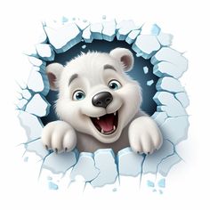 a cartoon polar bear breaking through a wall with his paw on the ground and smiling