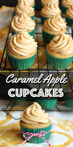 caramel apple cupcakes on a cooling rack with the words caramel apple cupcakes above them