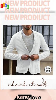 Men Fashion Turndown Solid Color Long Sleeve Button Casual Blazer White Casual Blazer With Lapel Collar, Casual Summer Blazer With Button Closure, Casual White Blazer With Pockets, Casual White Single Breasted Blazer, Casual Single Button Summer Outerwear, Casual Summer Outerwear With Single Button, Casual Single Breasted White Blazer, White Casual Blazer For Business Casual, Business Outerwear For Summer With Long Sleeves