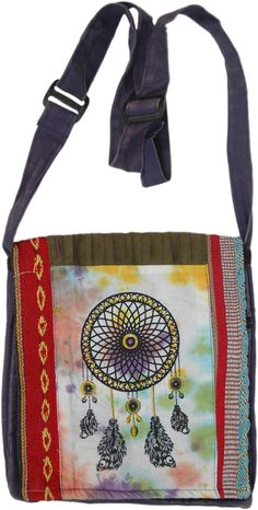 A colorful small messenger bag with a classic dreamcatcher print in woven cotton fabric. This Bohemian bag dons a colorful tie-dyed front on which the dreamcatcher is printed along with very fine details on woven cotton fabric stripes. #tlb #Pocket #vacationclothing #Printed #TieDye #bohemianfashion #Bohemianbag #Messengerbag #Dreamcatcherbag Bohemian Multicolor Cotton Bags, Bohemian Multicolor Fabric Bag, Multicolor Bohemian Fabric Shoulder Bag, Bohemian Multicolor Fabric Shoulder Bag, Hippie Multicolor Cotton Bags, Multicolor Cotton Shoulder Bag For Festivals, Dream Catcher Print, Bohemian Bag, Bag Pocket