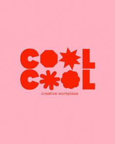 the word cool is written in red on a light pink background with stars and shapes