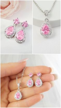 "This light pink crystal necklace is made with a 6x8mm light pink teardrop cubic zirconia stone surrounded by smaller clear CZs, which dangles beneath a cubic zirconia bail and hangs on an 18-inch rhodium cable chain with a lobster clasp. The matching earrings are made with the same pink crystal teardrops which dangle from 4mm pink CZ studs and are 3/4\" long. Thank you for looking. - Shop Gemsicles, an Etsy boutique with hundreds of sparkly items for weddings, gifts and just because. Our origin Wedding Gemstone Teardrop Earrings, Wedding Teardrop Gemstone Earrings, Crystal Teardrop Pendant Jewelry Sets As Gifts, Teardrop Jewelry Sets With Matching Earrings For Anniversary, Anniversary Teardrop Jewelry Set With Matching Earrings, Gift Jewelry Sets With Matching Drop Earrings, Teardrop Pendant Earrings With Sparkling Stones For Gift, Crystal Drop Jewelry Sets For Anniversary, Anniversary Jewelry Sets With Sparkling Teardrop Stones