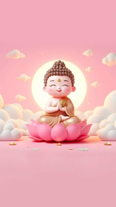 a buddha statue sitting on top of a pink flower