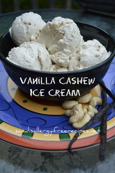 vanilla cashew ice cream in a black bowl