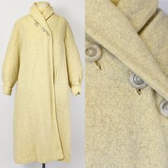 "Info: ♥ Circa: 40s ♥ Label: None, just a small manufacturer's tag ♥ Color: Oatmeal ♥ Material: Wool, acetate lining ♥ Condition: Good vintage condition. A few small moth holes. Front buttons have some wear and darkening in the centers. Overall presents very well. Details: ♥ 40s era oatmeal colored wool coat ♥ Front button closure ♥ Slightly puffed sleeves ♥ Acetate lining Measurements: Bust: up to 50\" Waist: up to 50\" Hips: up to 50\" Length: 48.5\" Sleeve Length: 23.5\" ♥ ♥ All garments are Small Moths, Hawaiian Maxi Dress, Denim Maxi Dress, Oatmeal Color, Sarasota Fl, Yellow Lace, Satin Gown, Dec 30, Puffed Sleeves