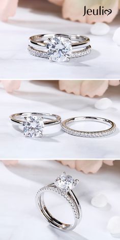 three different views of two wedding rings with diamonds on top and bottom, one in white gold