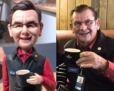 two photos side by side one has a man holding a cup and the other has a doll