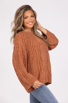 The Keeping Promises Sweater from Cozy Co. is the perfect sweater for everyone! This knit sweater features a round neckline, wide sleeves, and a straight hemline. The Keeping Promises Sweater is perfect for all occasions! Fabric: 85% Polyester, 15% Acrylic Measurements:Bust (Size M): 28", Bust (Size 2XL): 28.5" Length (Size M): 26" Length (Size 2XL): 27.5" Missy Fit S/M 0-8, M/L 8-14, 1XL/2XL 14-18, 2XL/3XL 20-24 Cozy Crew Neck Cropped Sweater For Fall, Fall Crew Neck Sweater, Fall Cropped Sweater With Textured Knit And Crew Neck, Brown Cable Knit Crew Neck Sweater, Cropped Cable Knit Sweater With Crew Neck, Cable Knit Cropped Sweater With Crew Neck, Cozy Brown Crew Neck Sweater, Cozy Textured Knit Sweatshirt For Fall, Oversized Cable Knit Top For Fall