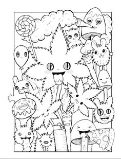 an adult coloring page with many cartoon characters in the background, including cats and dogs