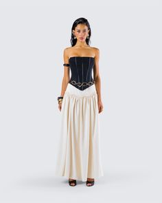 Give them something to remember in this chic and classy three-piece set 🖤 Pairing a black mesh corset top with a cream ruched maxi skirt and a gold chain metal belt - this fit will have their eyes locked on you 🤩 Corset With Skirt, Mesh Corset, Black Off Shoulder, Black Corset, Metal Belt, White Jersey, Black Mesh, Corset Top, White Mini Dress